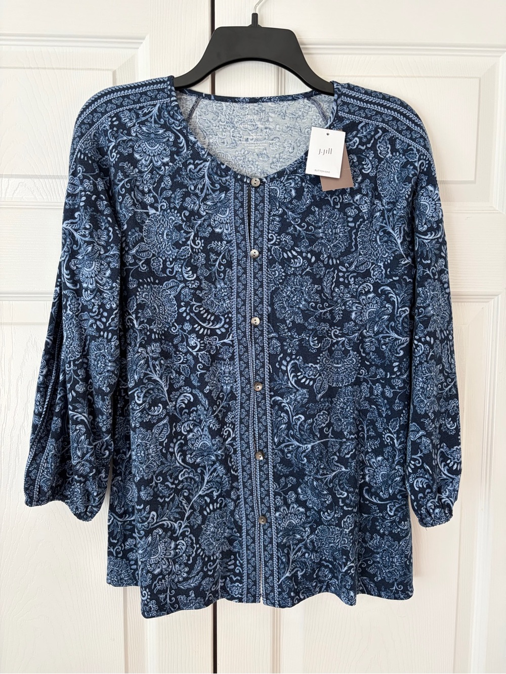 NWT J.Jill Purejill Blue Flower Print Border Printed Button Up Blouse Size XS
